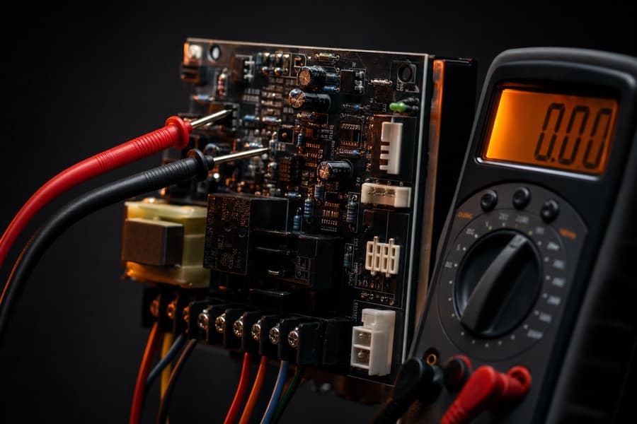 Multimeter probes on a furnace control board
