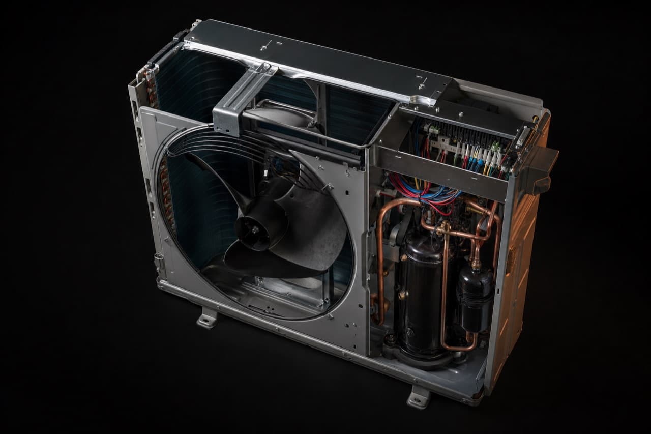 Opened air-conditioner condenser unit showing fan, compressor and copper line set